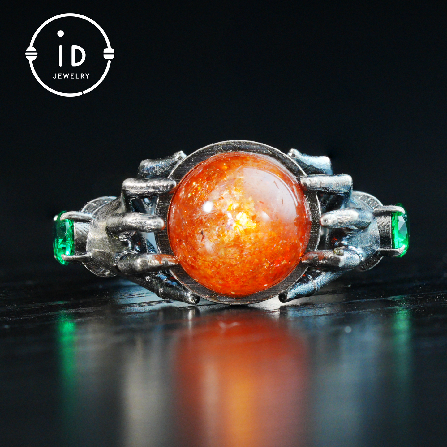 Gothic Style Sunstone Ring in 925 Sterling Silver with Green Zircon Stone Gift for Her Halloween Fantasy Statement Jewelry
