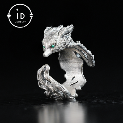 Fox Ring 925 Silver Adjustable Green Zircon Gothic Totem Style Animal Jewelry Gift for Men Women Fantasy Accessory Nature Inspired