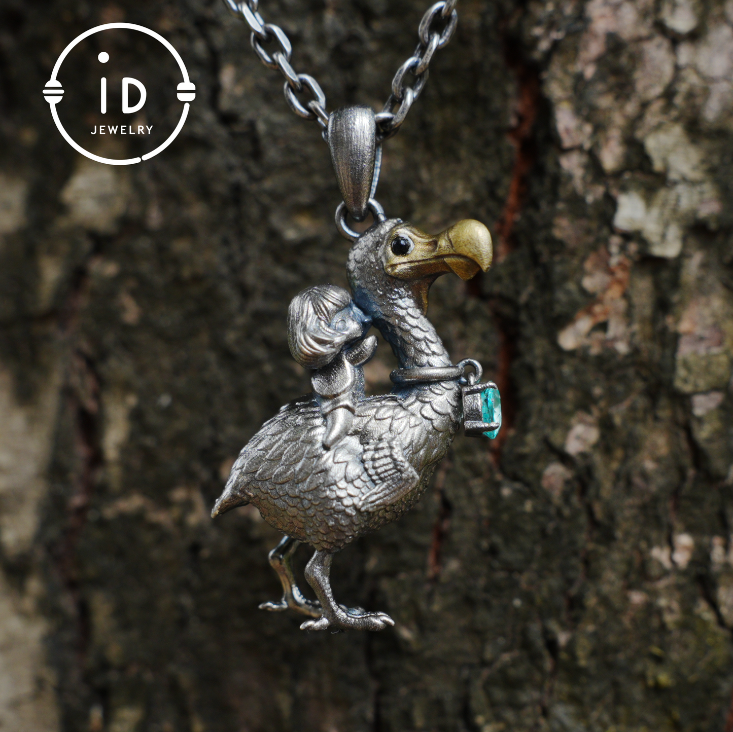 Dodo Bird Pendant in 925 Oxidized Silver with Girl Figure and Blue Zircon, Vintage Fairytale Jewelry, Gift Idea for Her