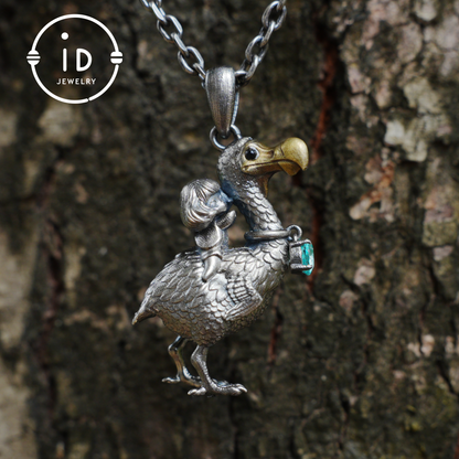 Dodo Bird Pendant in 925 Oxidized Silver with Girl Figure and Blue Zircon, Vintage Fairytale Jewelry, Gift Idea for Her