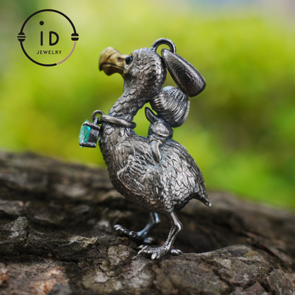 Dodo Bird Pendant in 925 Oxidized Silver with Girl Figure and Blue Zircon, Vintage Fairytale Jewelry, Gift Idea for Her
