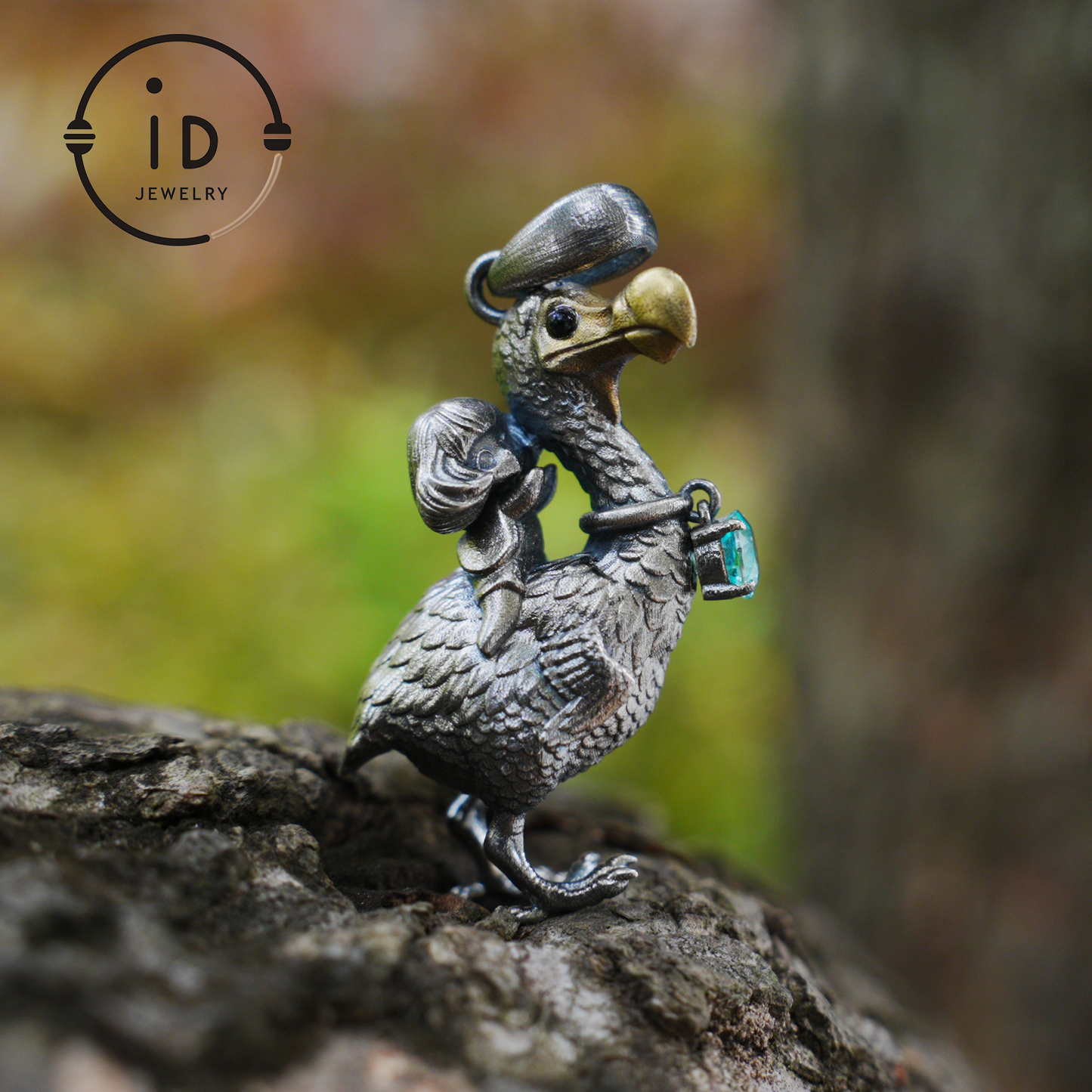 Dodo Bird Pendant in 925 Oxidized Silver with Girl Figure and Blue Zircon, Vintage Fairytale Jewelry, Gift Idea for Her