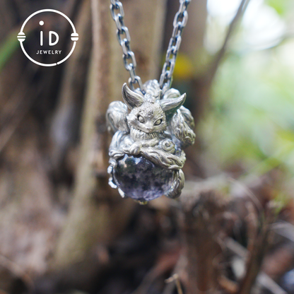 Mystic Fox Pendant with Phantom Quartz, Handmade Protective Amulet, Fantasy Animal Jewelry, Enchanted Spirit Totem Necklace
