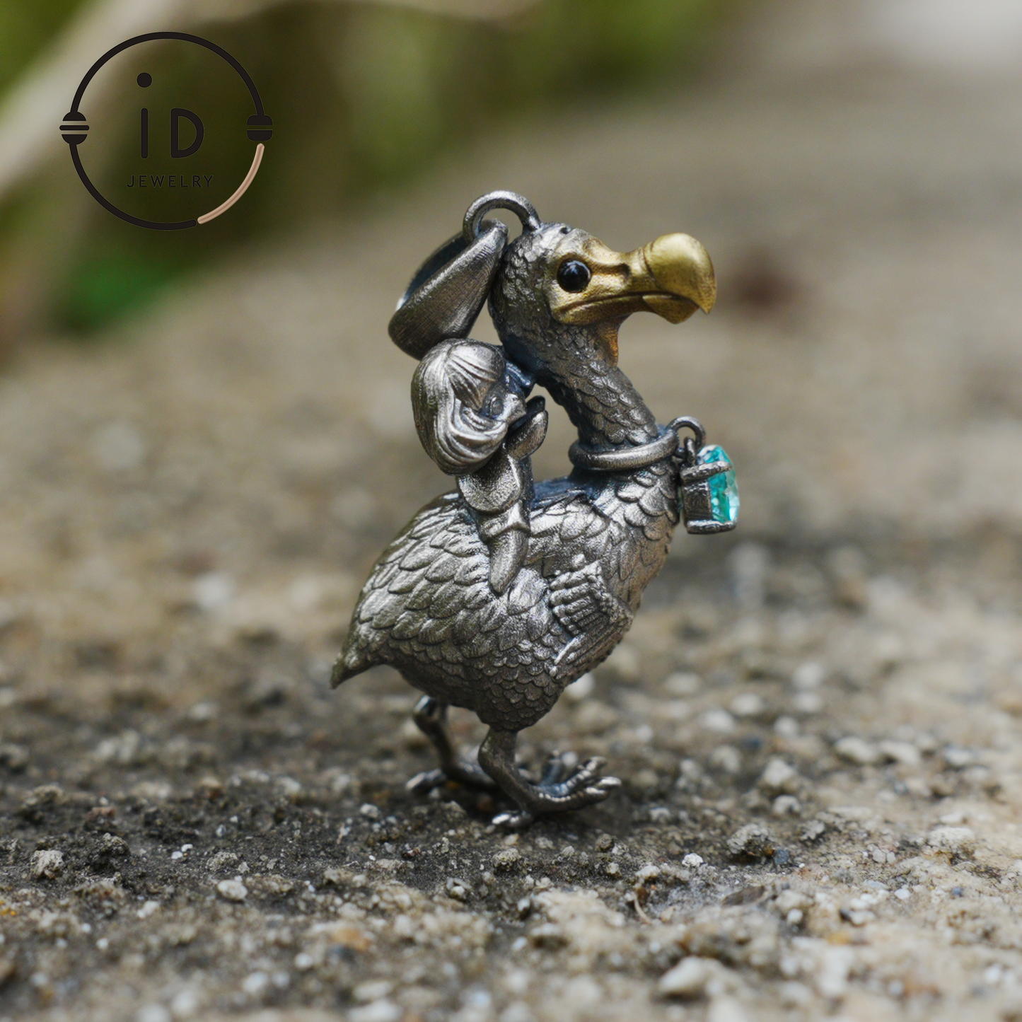 Dodo Bird Pendant in 925 Oxidized Silver with Girl Figure and Blue Zircon, Vintage Fairytale Jewelry, Gift Idea for Her