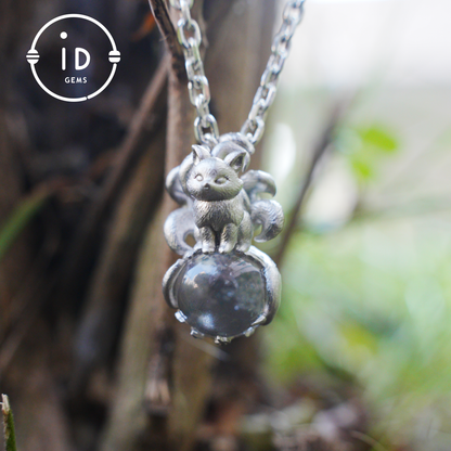 Fox Pendant with Ghost Quartz, Nine-Tailed Spirit Amulet, Handcrafted Fantasy Jewelry, Dreamy Forest Totem Necklace, Mythical Design
