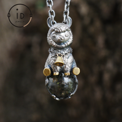 Ghost Quartz Pendant in Oxidized 925 Silver with Llama Figure and Brass Accents, Vintage Style Necklace, Christmas Gift for Her