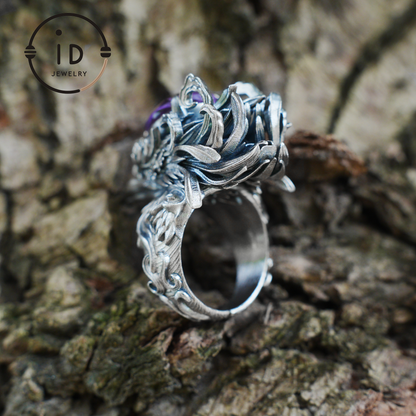 Gothic Raven Ring with Amethyst in 925 Oxidized Silver, Totem Bird Jewelry for Women and Men, Vintage Statement Gift for Christmas