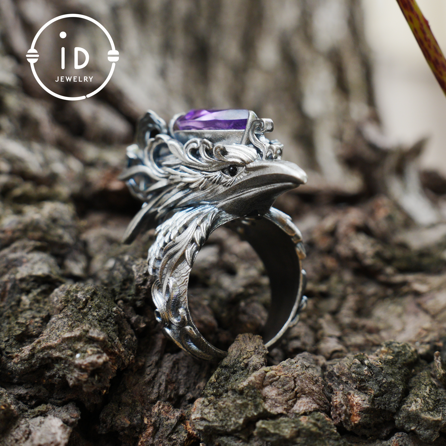 Gothic Raven Ring with Amethyst in 925 Oxidized Silver, Totem Bird Jewelry for Women and Men, Vintage Statement Gift for Christmas