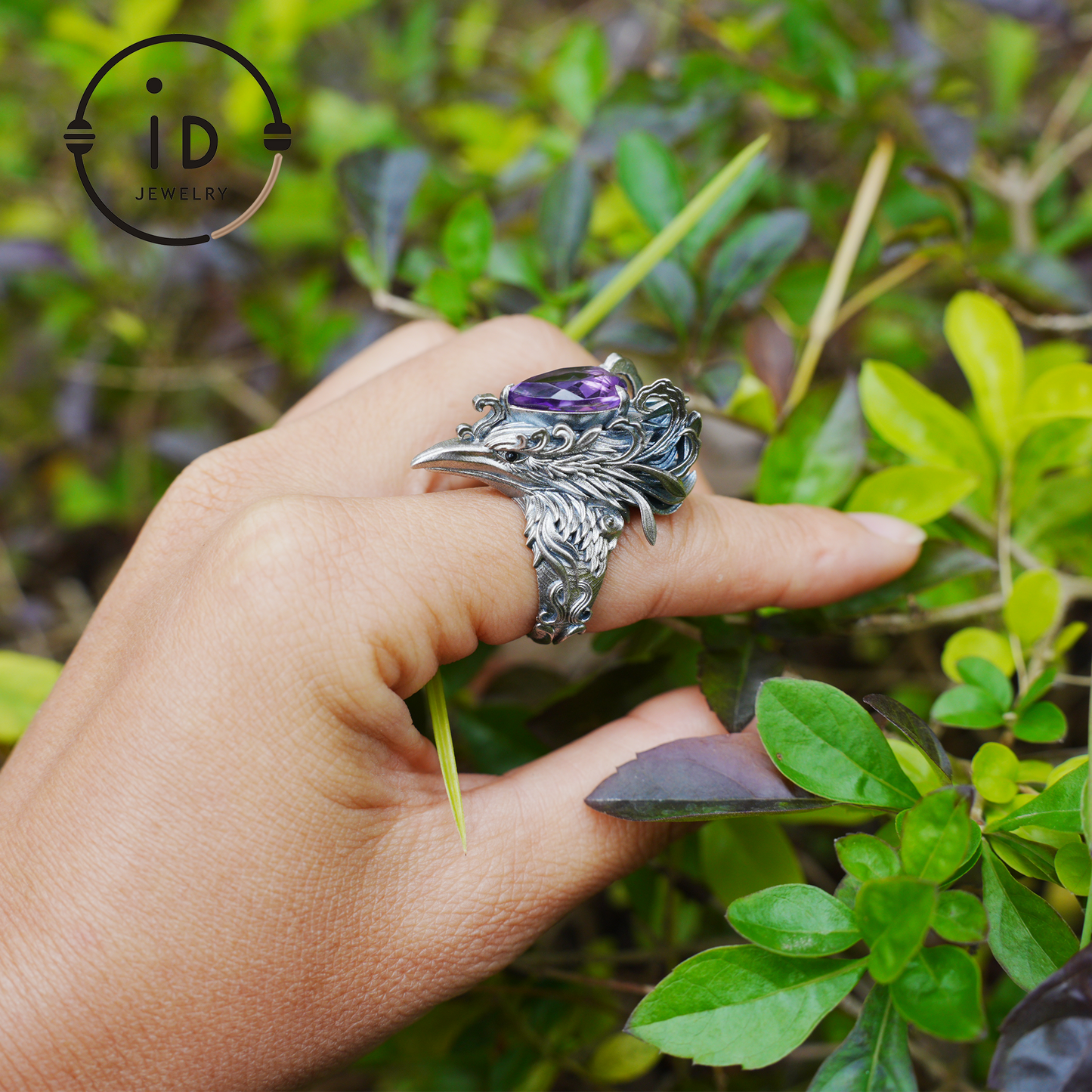 Gothic Raven Ring with Amethyst in 925 Oxidized Silver, Totem Bird Jewelry for Women and Men, Vintage Statement Gift for Christmas