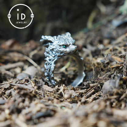 Fox Totem Ring with Green Zircon Eyes, Forest Guardian Amulet, Handmade Animal Jewelry, Mythic Protection Symbol