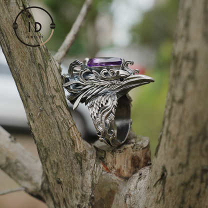 Gothic Raven Ring with Amethyst in 925 Oxidized Silver, Totem Bird Jewelry for Women and Men, Vintage Statement Gift for Christmas