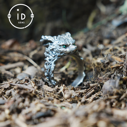 Fox Totem Ring with Green Zircon Eyes, Forest Guardian Amulet, Handmade Animal Jewelry, Mythic Protection Symbol
