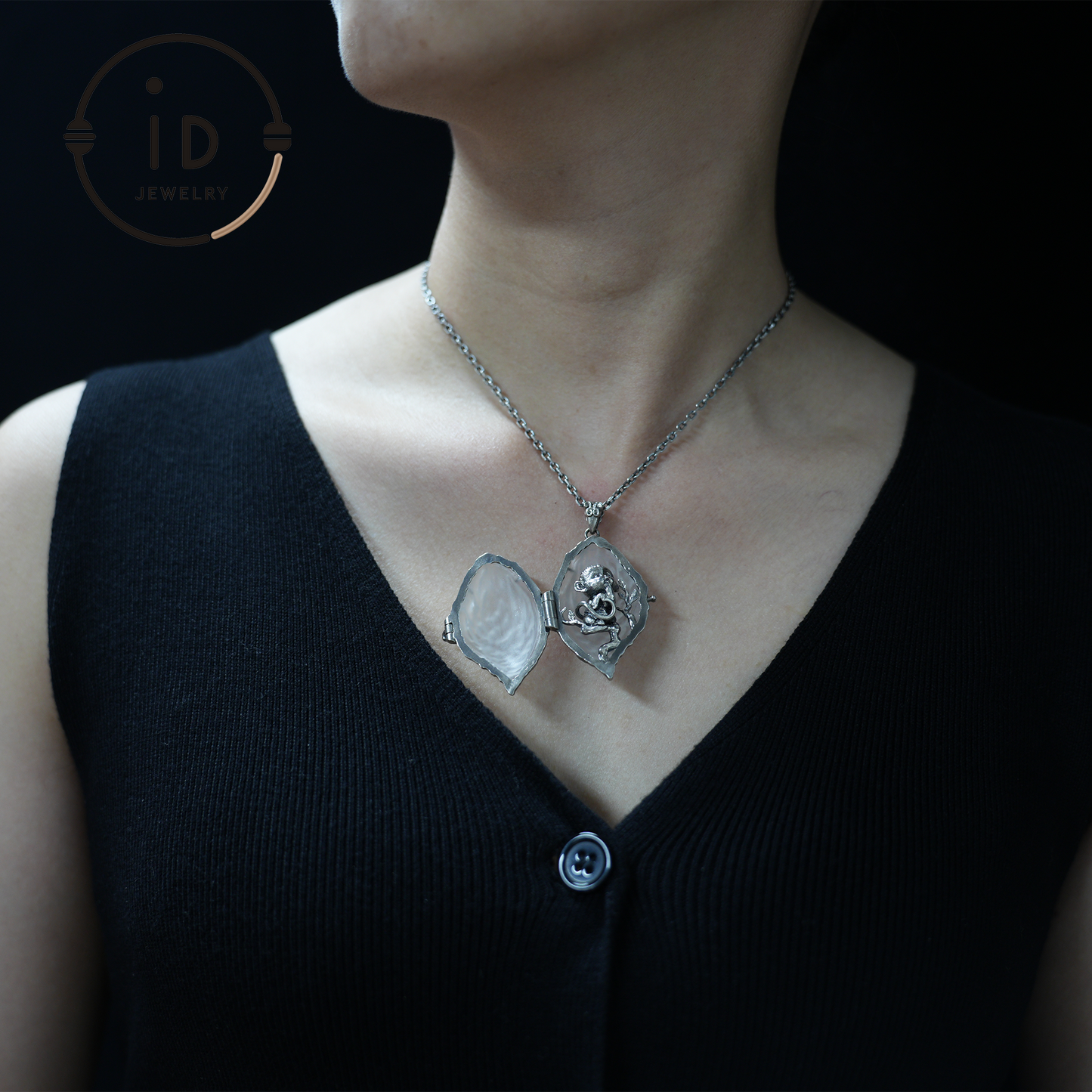 Mystic Monkey Pendant with White Crystal Shell, Handmade Fantasy Amulet, Oriental Style Locket Necklace for Gift & Collection