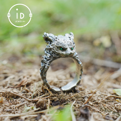 Fox Totem Ring with Green Zircon Eyes, Forest Guardian Amulet, Handmade Animal Jewelry, Mythic Protection Symbol