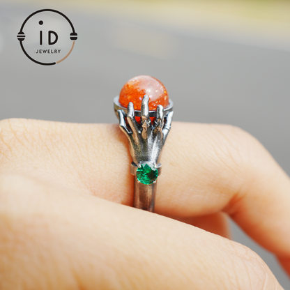 Gothic Style Sunstone Ring in 925 Sterling Silver with Green Zircon Stone Gift for Her Halloween Fantasy Statement Jewelry