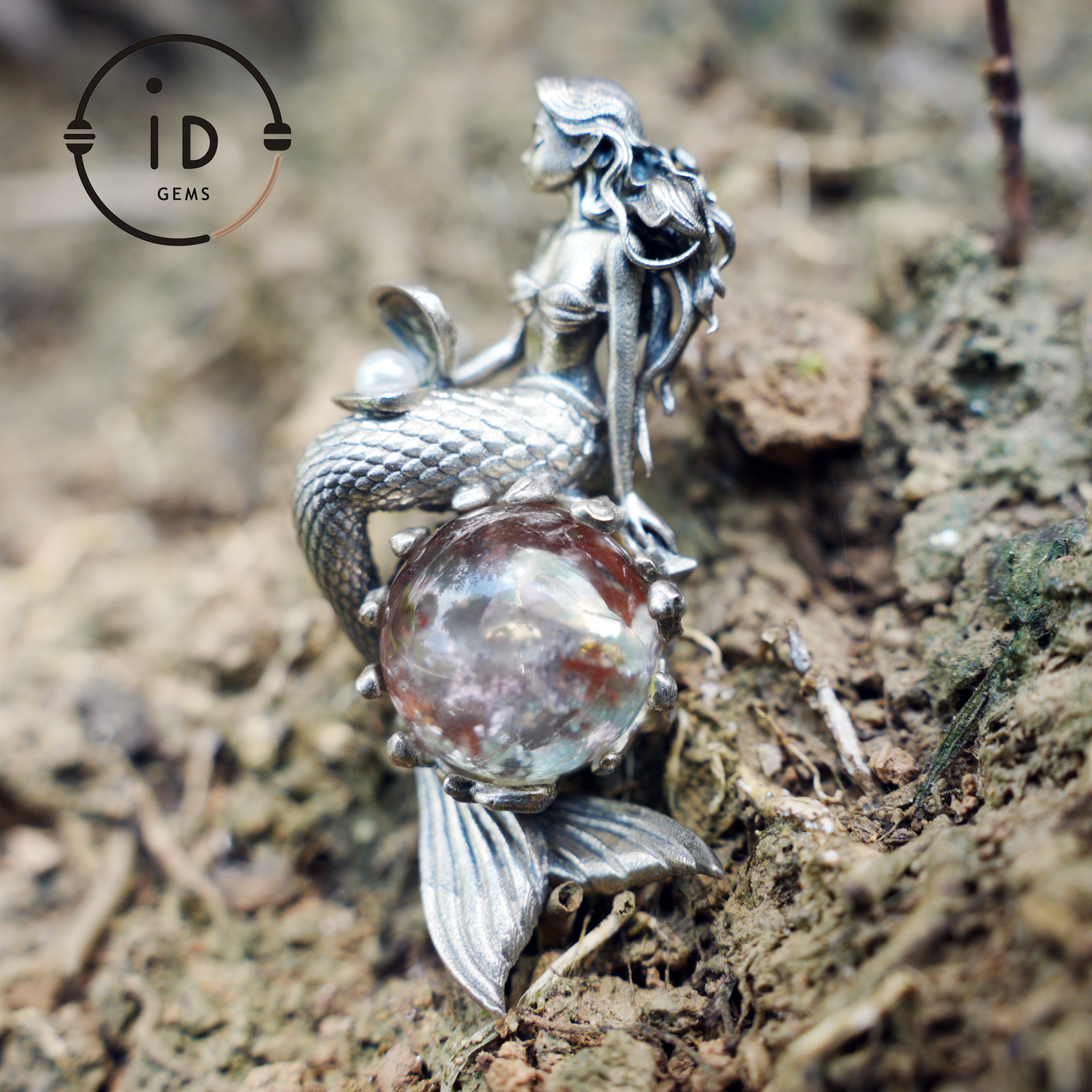 Mermaid Wish Talisman Pendant with Ghost Stone and Pearl, Fantasy Ocean Jewelry, Handcrafted Mythical Sea Spirit Amulet Necklace