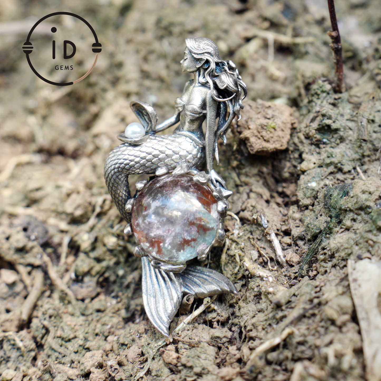 Mermaid Wish Talisman Pendant with Ghost Stone and Pearl, Fantasy Ocean Jewelry, Handcrafted Mythical Sea Spirit Amulet Necklace