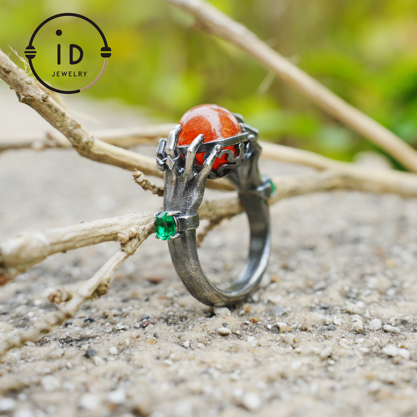 Gothic Style Sunstone Ring in 925 Sterling Silver with Green Zircon Stone Gift for Her Halloween Fantasy Statement Jewelry