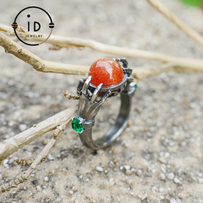 Gothic Style Sunstone Ring in 925 Sterling Silver with Green Zircon Stone Gift for Her Halloween Fantasy Statement Jewelry