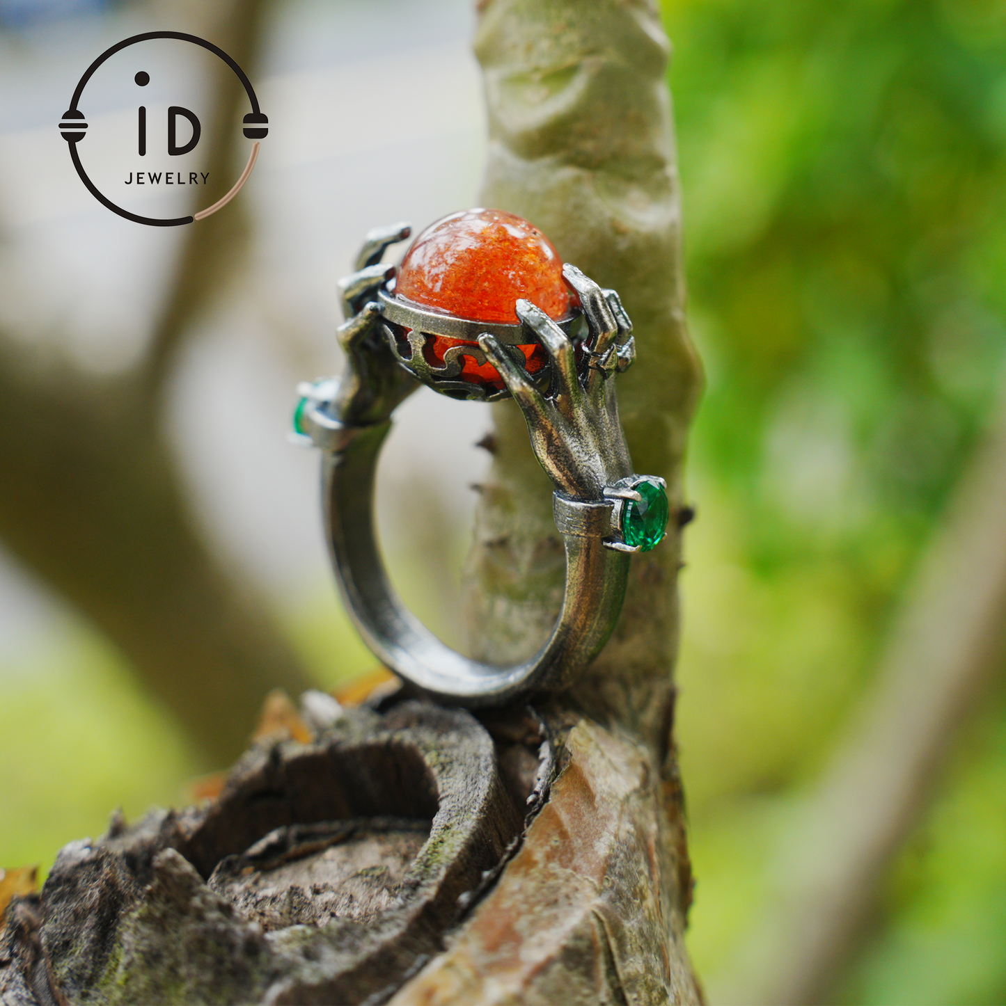 Gothic Style Sunstone Ring in 925 Sterling Silver with Green Zircon Stone Gift for Her Halloween Fantasy Statement Jewelry