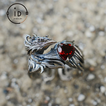 Garnet Ring 925 Silver Heart Ring Gothic Style Adjustable Oxidized Gift for Her Fantasy Jewelry Abstract Flame Design