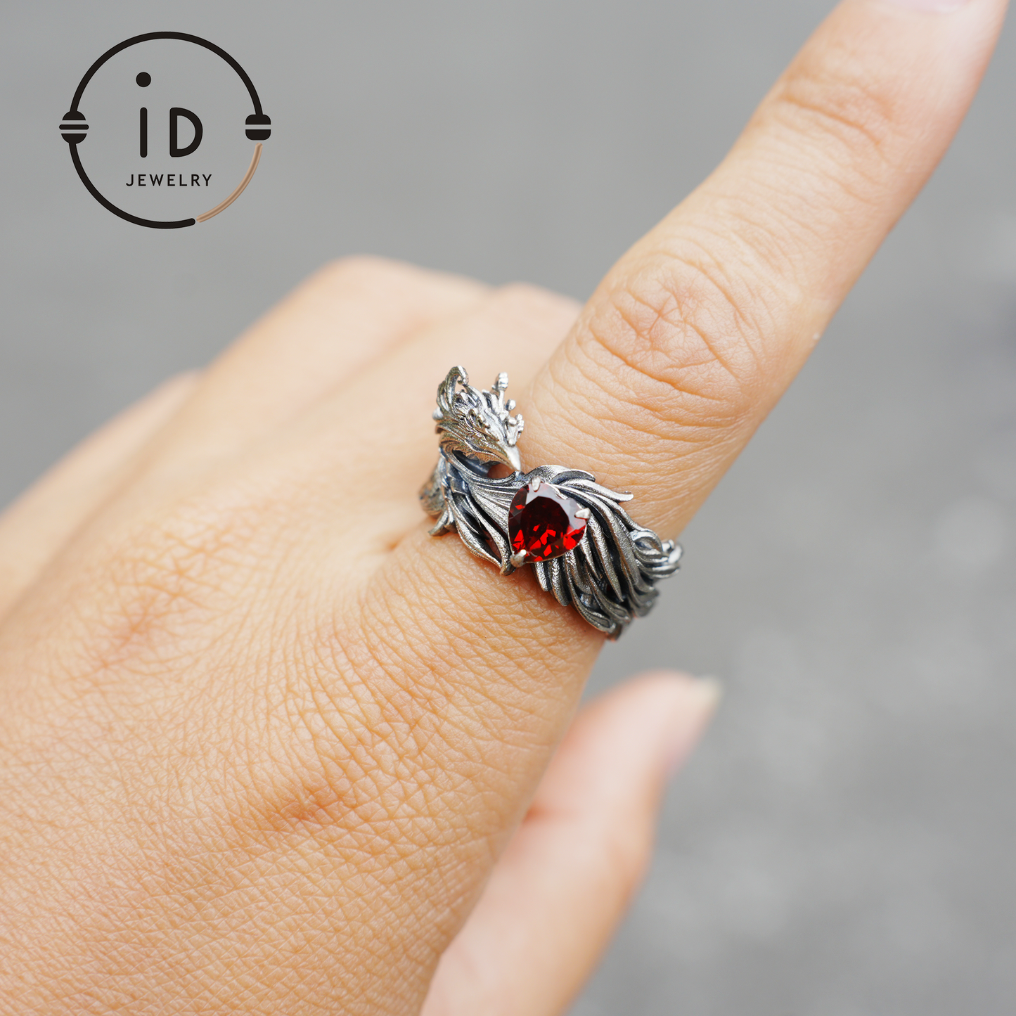 Garnet Ring 925 Silver Heart Ring Gothic Style Adjustable Oxidized Gift for Her Fantasy Jewelry Abstract Flame Design
