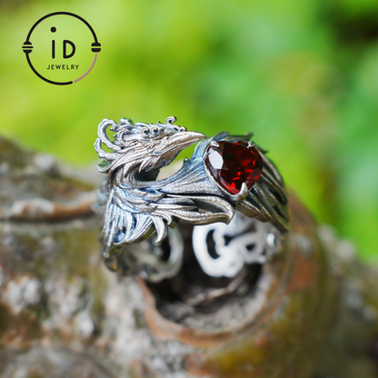 Garnet Ring 925 Silver Heart Ring Gothic Style Adjustable Oxidized Gift for Her Fantasy Jewelry Abstract Flame Design