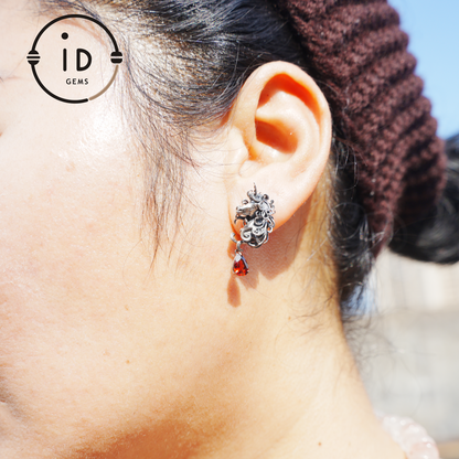 Unicorn Earrings with Garnet Drop, Fantasy Gothic Jewelry, Handcrafted Mythical Creatures, Symbolic Gift for Vow and Protection