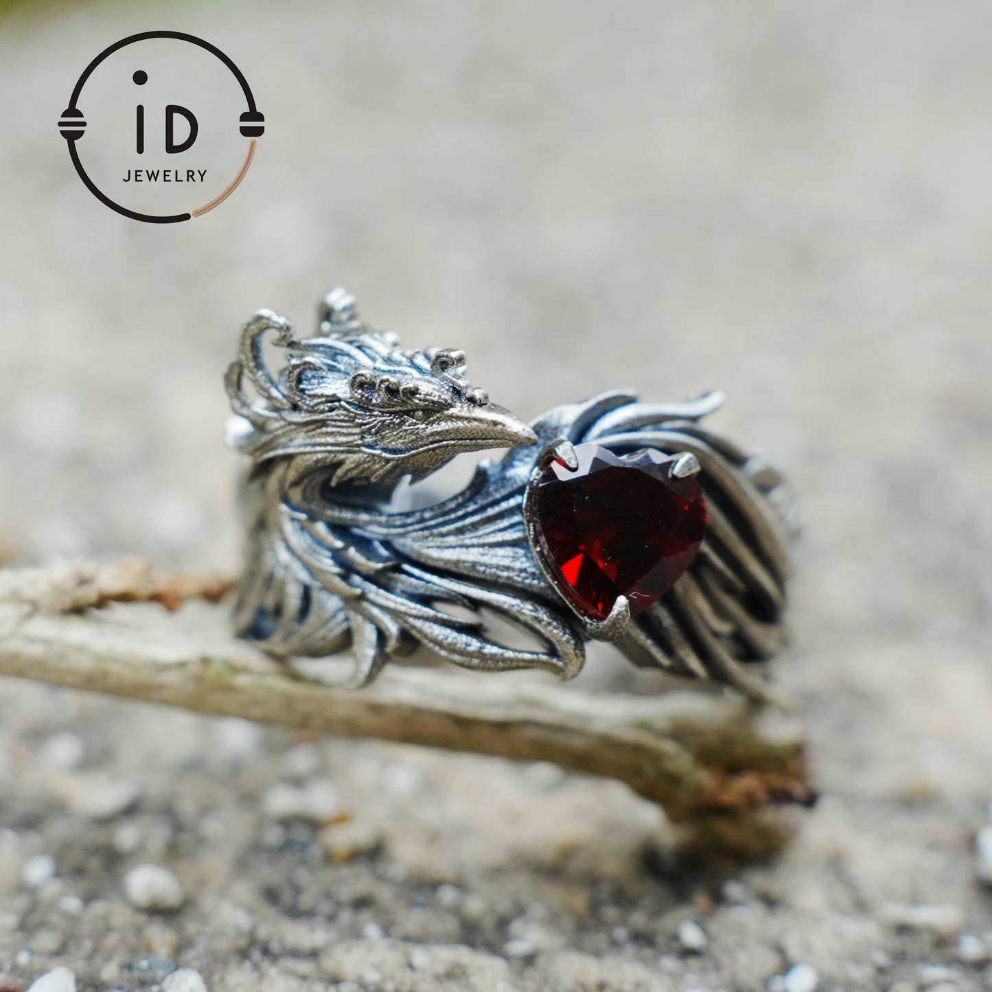 Garnet Ring 925 Silver Heart Ring Gothic Style Adjustable Oxidized Gift for Her Fantasy Jewelry Abstract Flame Design