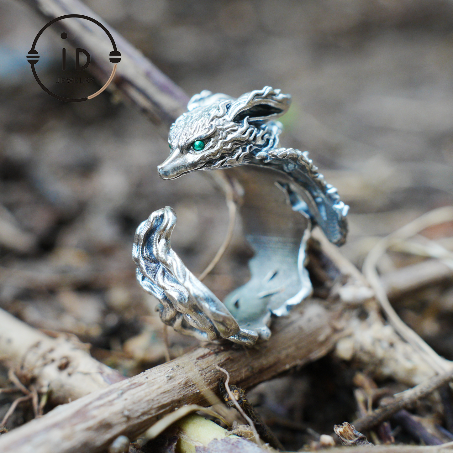 Fox Ring 925 Silver Adjustable Green Zircon Gothic Totem Style Animal Jewelry Gift for Men Women Fantasy Accessory Nature Inspired