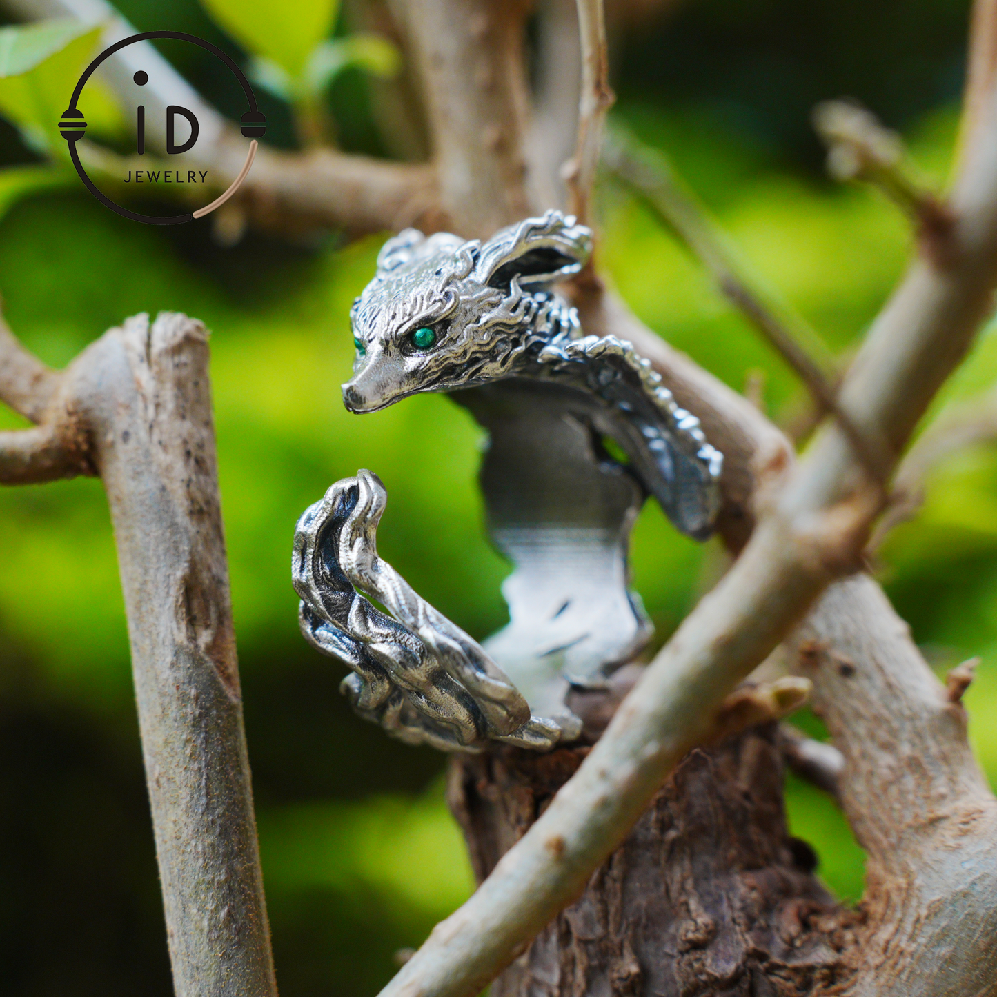 Fox Ring 925 Silver Adjustable Green Zircon Gothic Totem Style Animal Jewelry Gift for Men Women Fantasy Accessory Nature Inspired