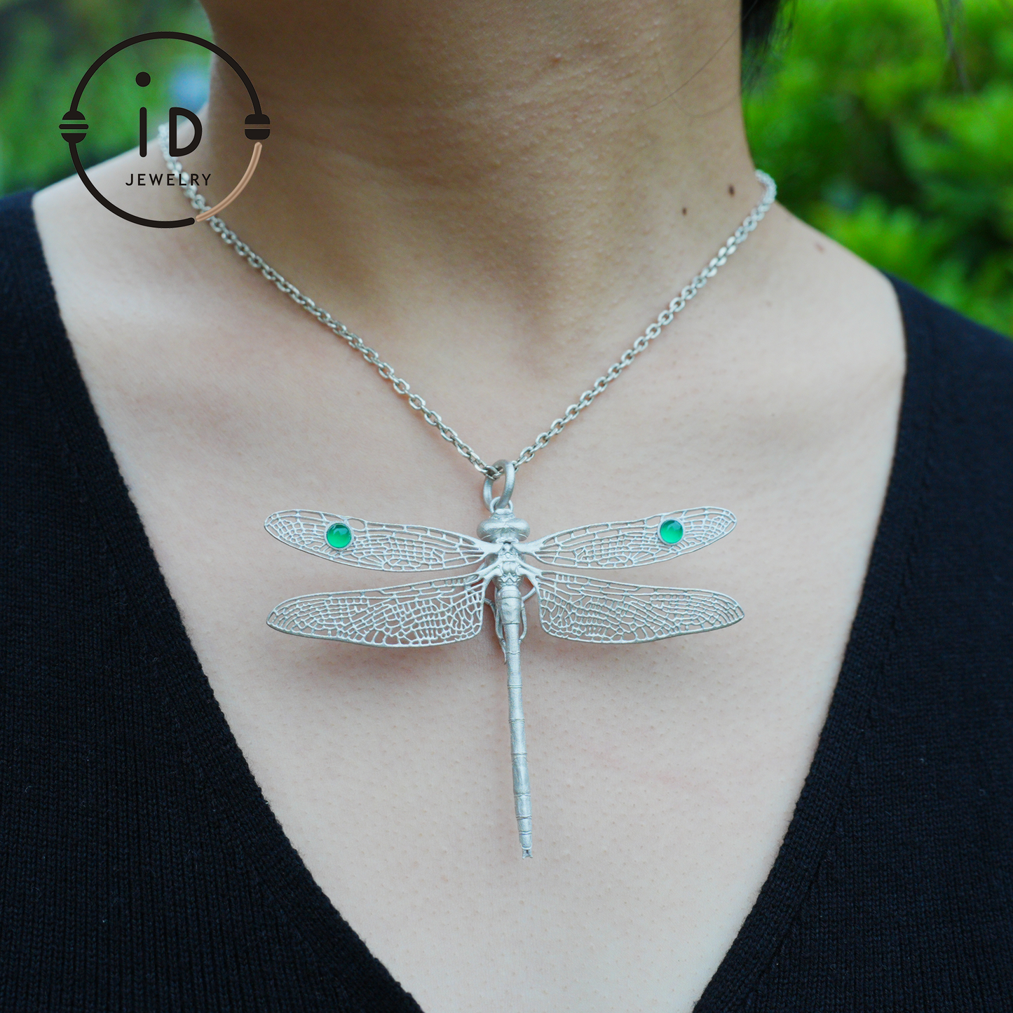Green Onyx Dragonfly Pendant in 925 Sterling Silver, Fairytale Style Handmade Nature Talisman Necklace, Gift for Nature Lovers