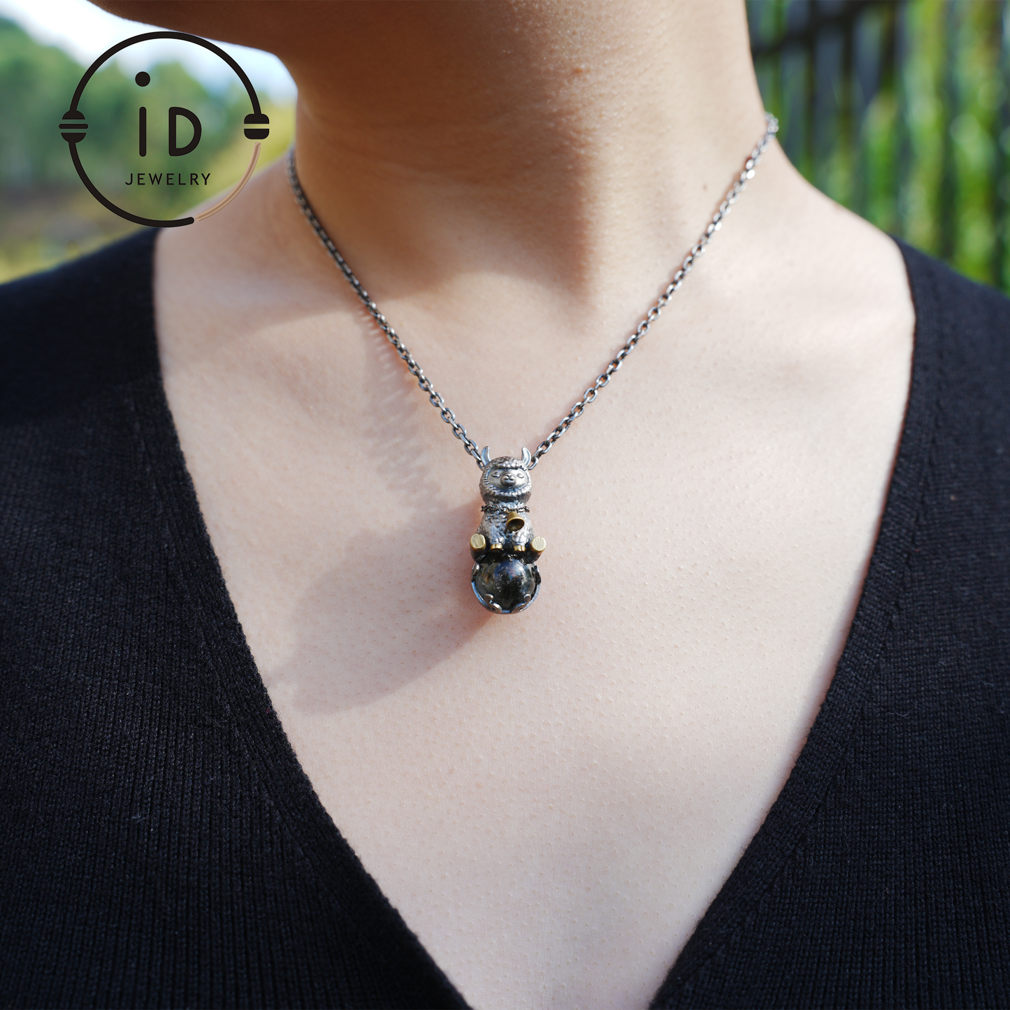 Ghost Quartz Pendant in Oxidized 925 Silver with Llama Figure and Brass Accents, Vintage Style Necklace, Christmas Gift for Her
