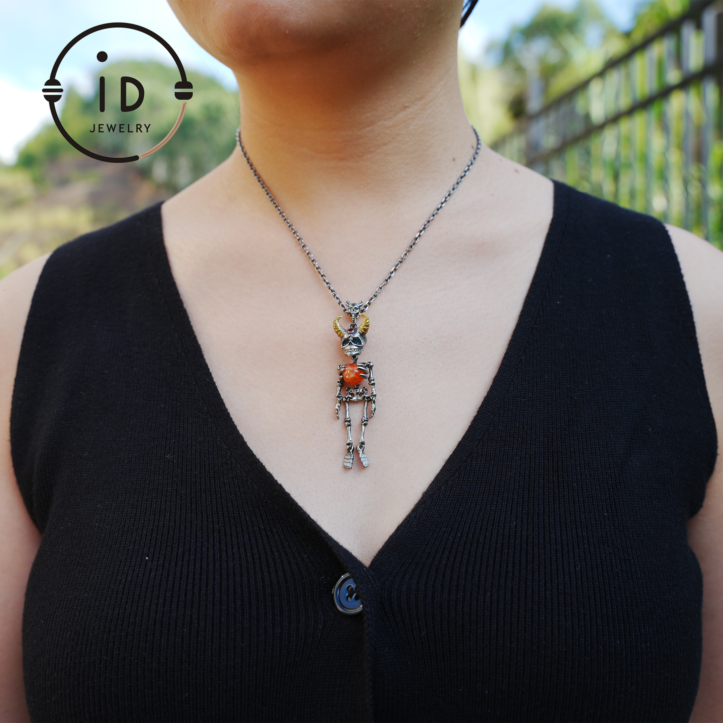 Silver Skeleton Pendant with Sunstone Sphere and Brass Horns, Gothic Totem Jewelry for Halloween or as a Mystical Gift