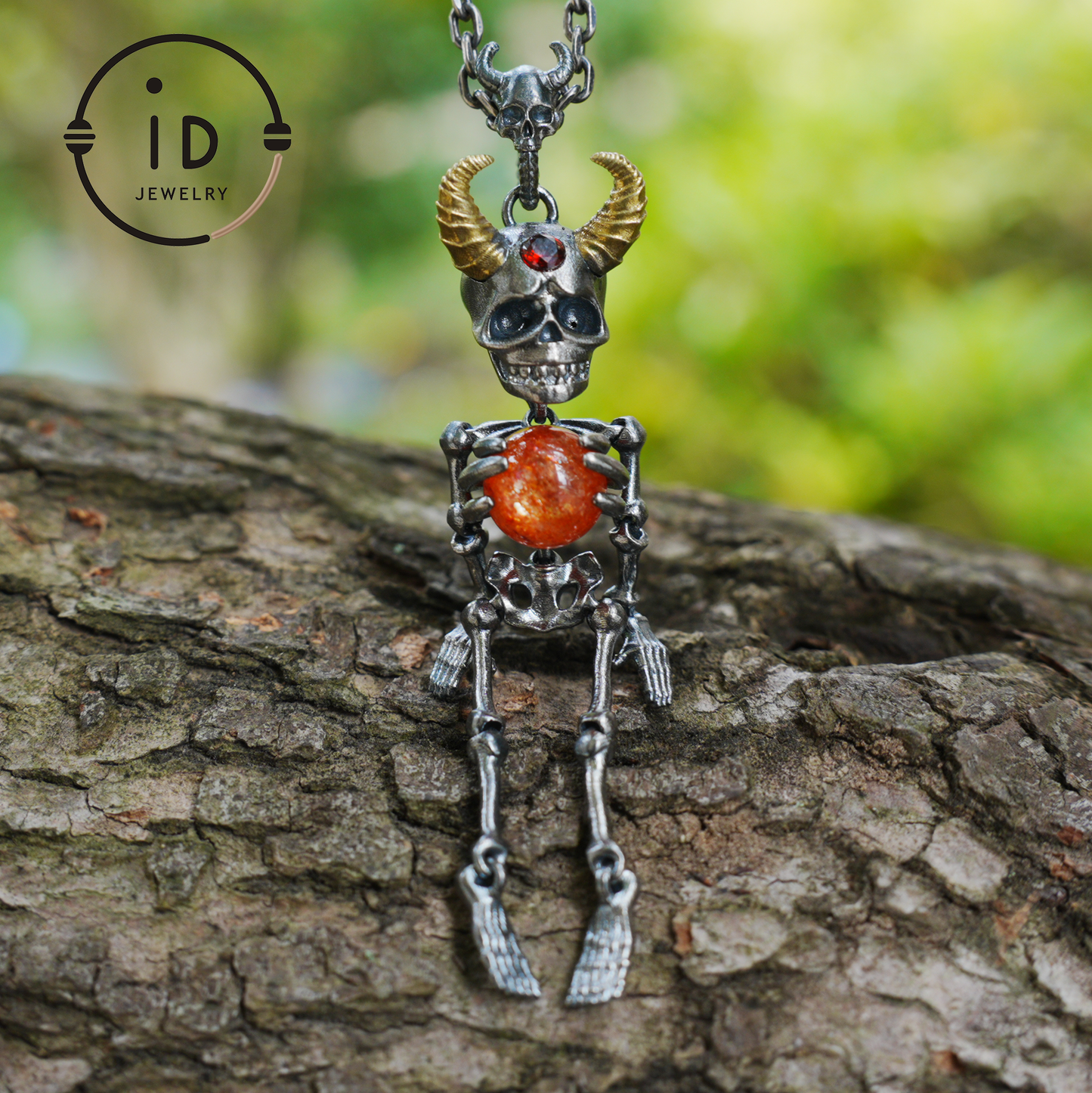 Silver Skeleton Pendant with Sunstone Sphere and Brass Horns, Gothic Totem Jewelry for Halloween or as a Mystical Gift
