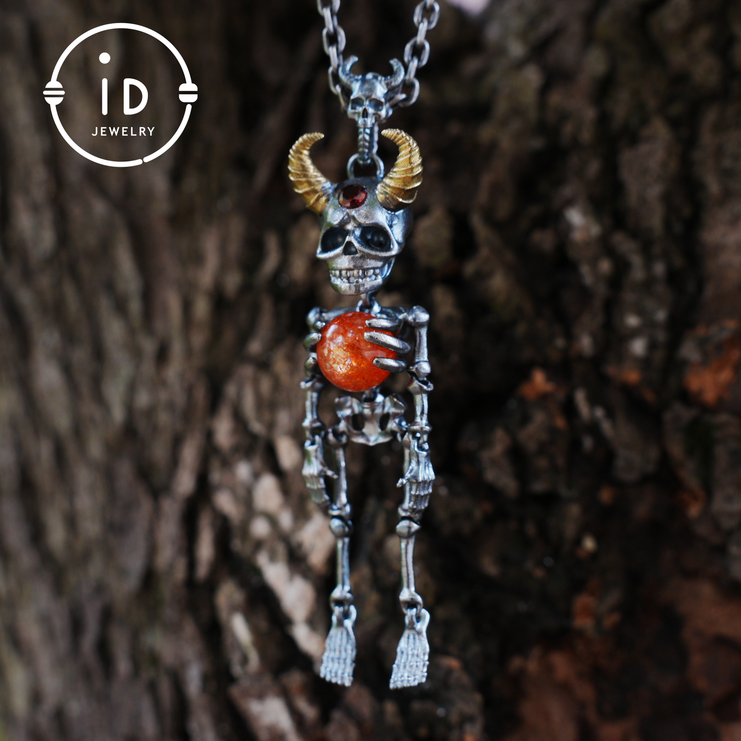 Silver Skeleton Pendant with Sunstone Sphere and Brass Horns, Gothic Totem Jewelry for Halloween or as a Mystical Gift