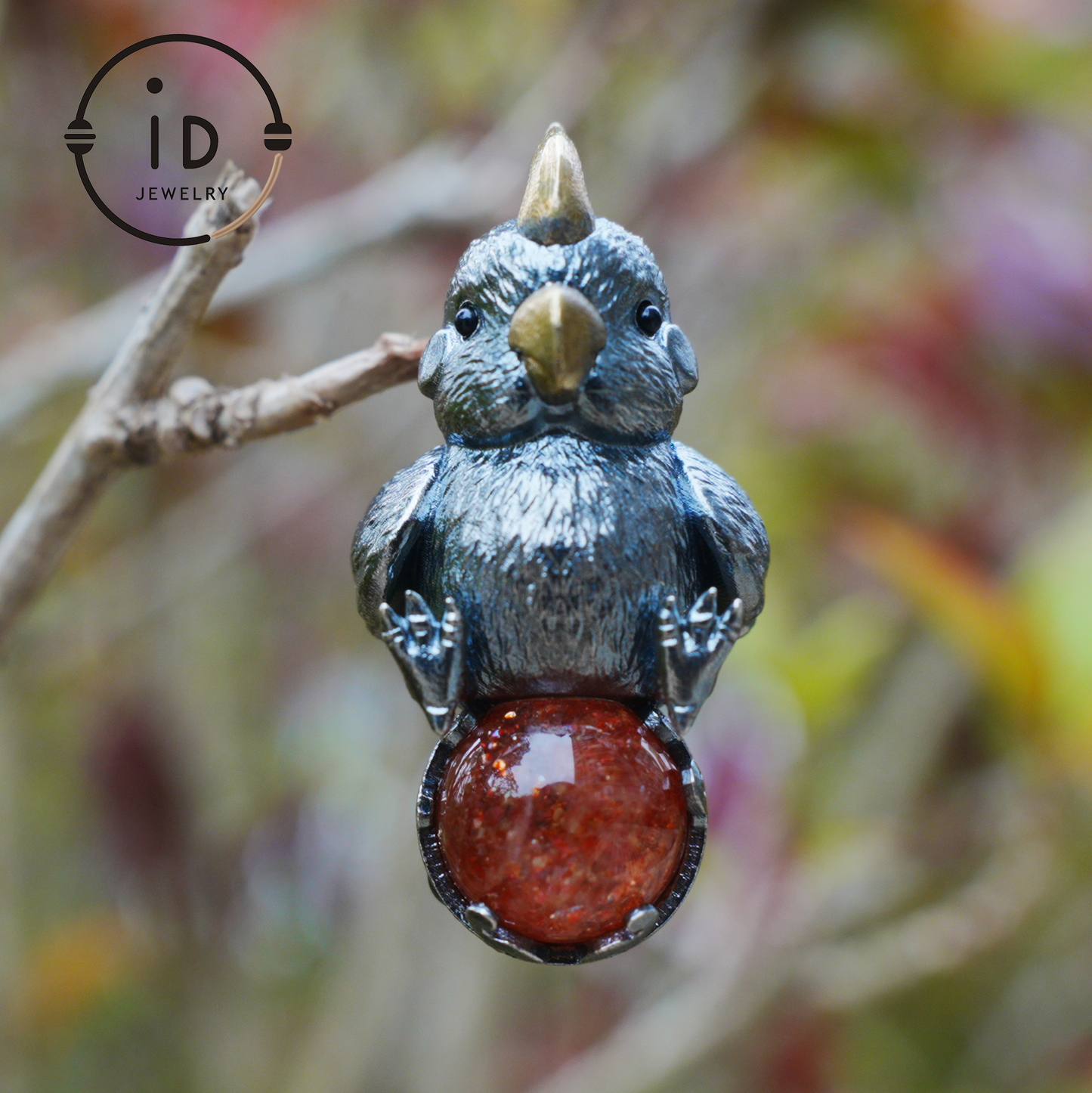 Sunstone parrot pendant made of 925 silver and bronze, hand-carved cute necklace with crystal orb, fairytale gift for her