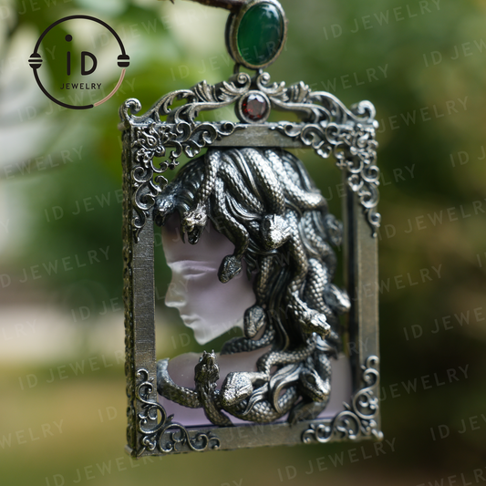 Medusa Pendant in Gothic Style – Handmade Art Jewelry with Amethyst, Chalcedony, Greek Mythology Symbol, Dark Fantasy Statement Piece