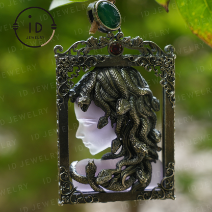 Medusa Pendant in Gothic Style – Handmade Art Jewelry with Amethyst, Chalcedony, Greek Mythology Symbol, Dark Fantasy Statement Piece
