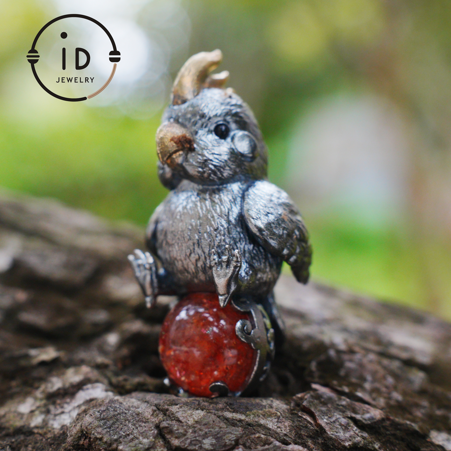 Sunstone parrot pendant made of 925 silver and bronze, hand-carved cute necklace with crystal orb, fairytale gift for her