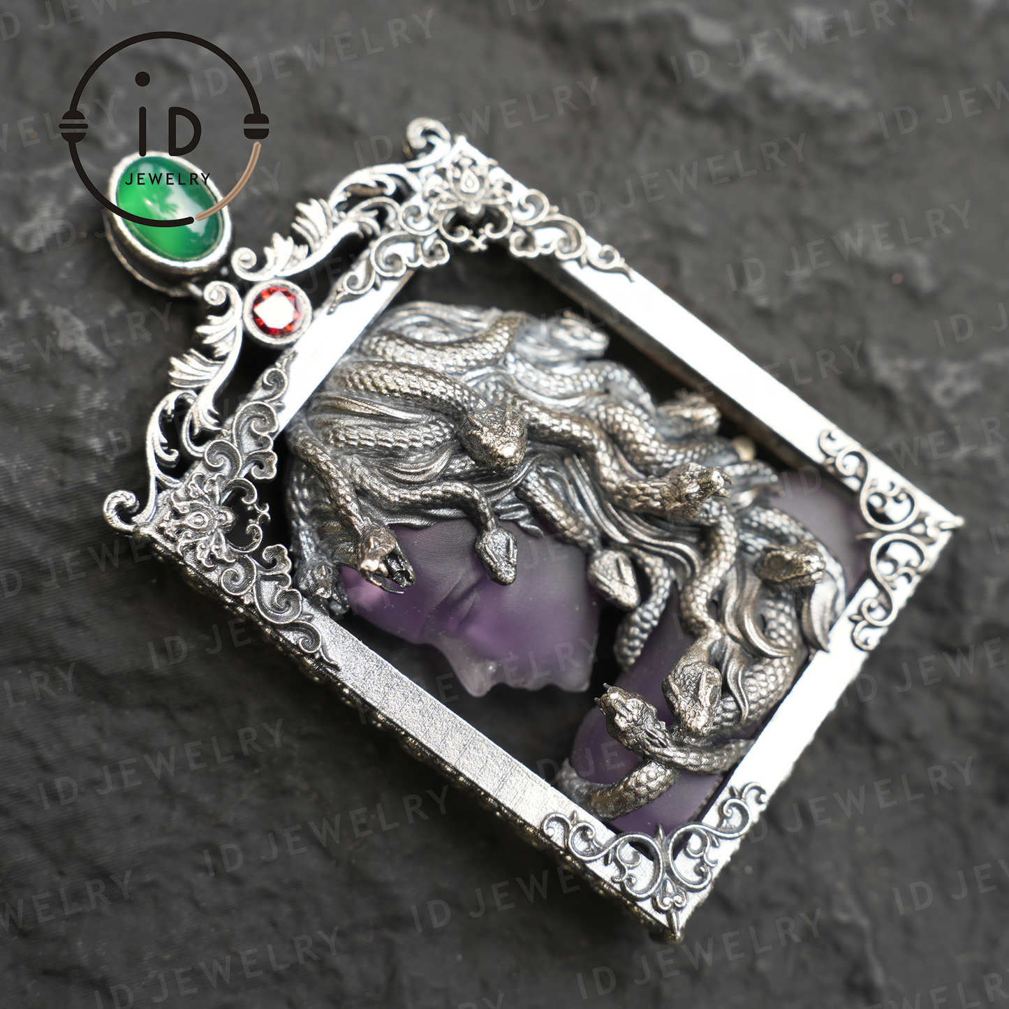 Medusa Pendant in Gothic Style – Handmade Art Jewelry with Amethyst, Chalcedony, Greek Mythology Symbol, Dark Fantasy Statement Piece