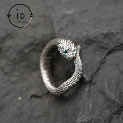 Mystic Snake Ring, Green Zircon, Dragon Scale Design, Handmade Fantasy Amulet Jewelry, For Collection & Gift