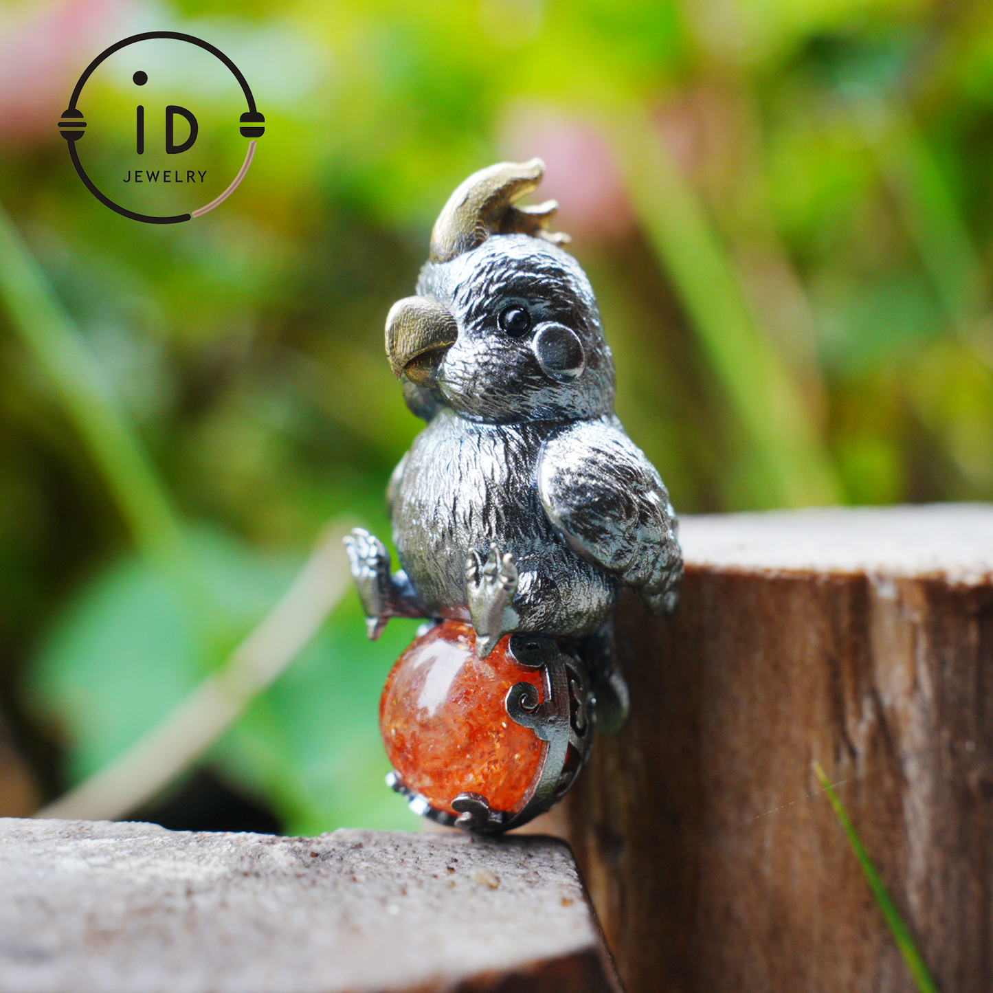 Sunstone parrot pendant made of 925 silver and bronze, hand-carved cute necklace with crystal orb, fairytale gift for her
