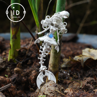 Hand-Carved Mermaid Skeleton Pendant Necklace | Mermaid Bones + Labradorite Flash | Handmade 925 Sterling Silver Amulet Ocean-Theme Necklace