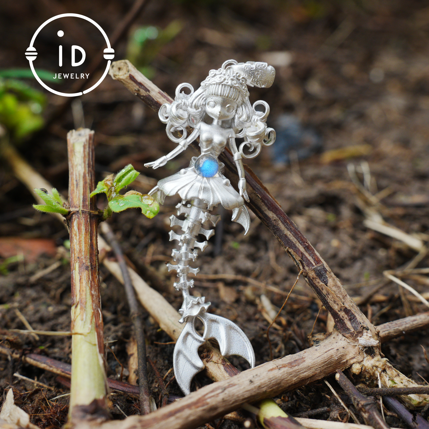 Hand-Carved Mermaid Skeleton Pendant Necklace | Mermaid Bones + Labradorite Flash | Handmade 925 Sterling Silver Amulet Ocean-Theme Necklace