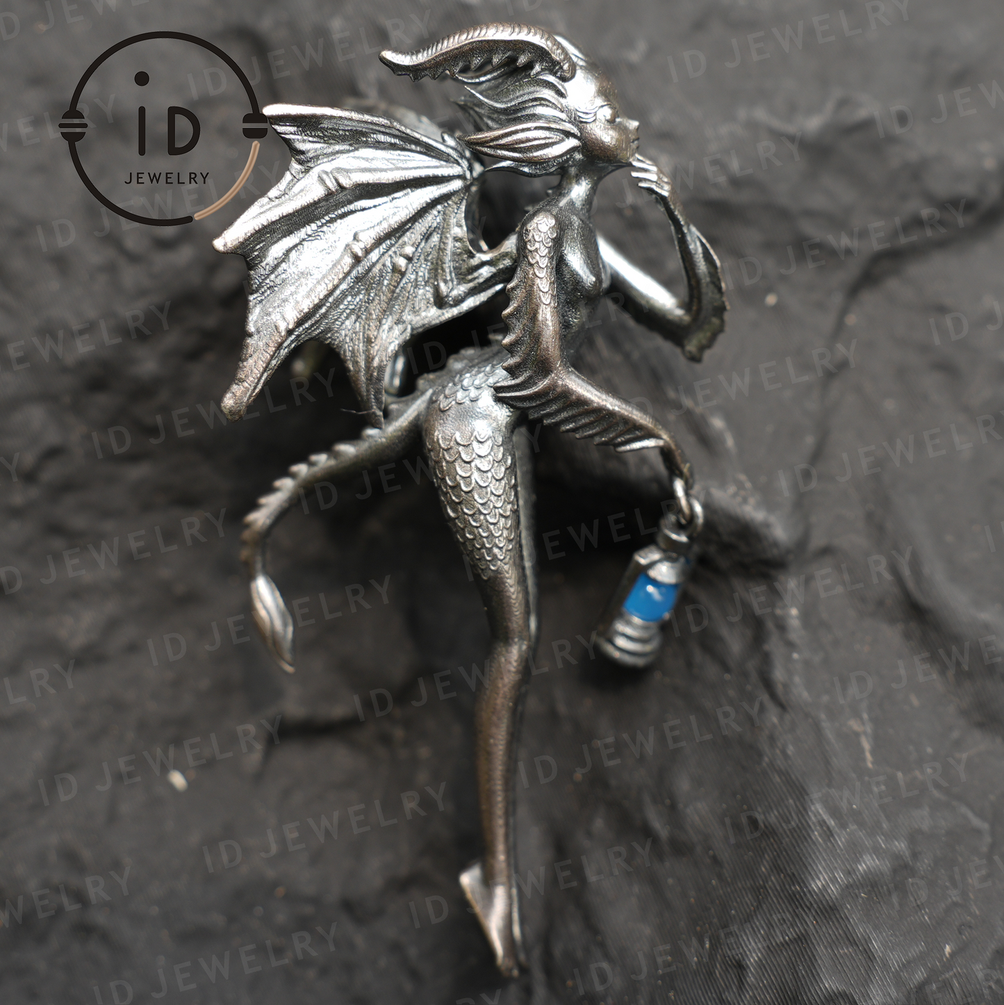Dragon Girl Pendant – Fantasy Winged Creature Jewelry with Green Chalcedony, Handmade Gothic Fairy Charm, Mythical Lantern Design