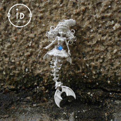 Hand-Carved Mermaid Skeleton Pendant Necklace | Mermaid Bones + Labradorite Flash | Handmade 925 Sterling Silver Amulet Ocean-Theme Necklace