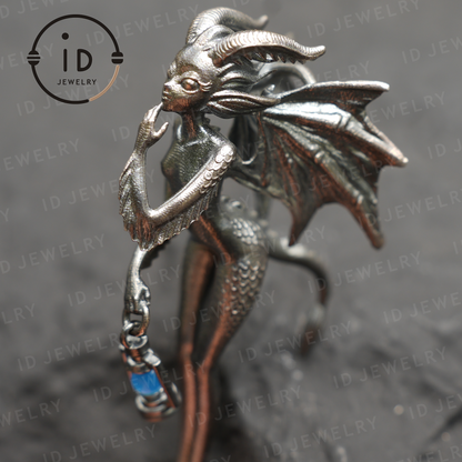 Dragon Girl Pendant – Fantasy Winged Creature Jewelry with Green Chalcedony, Handmade Gothic Fairy Charm, Mythical Lantern Design