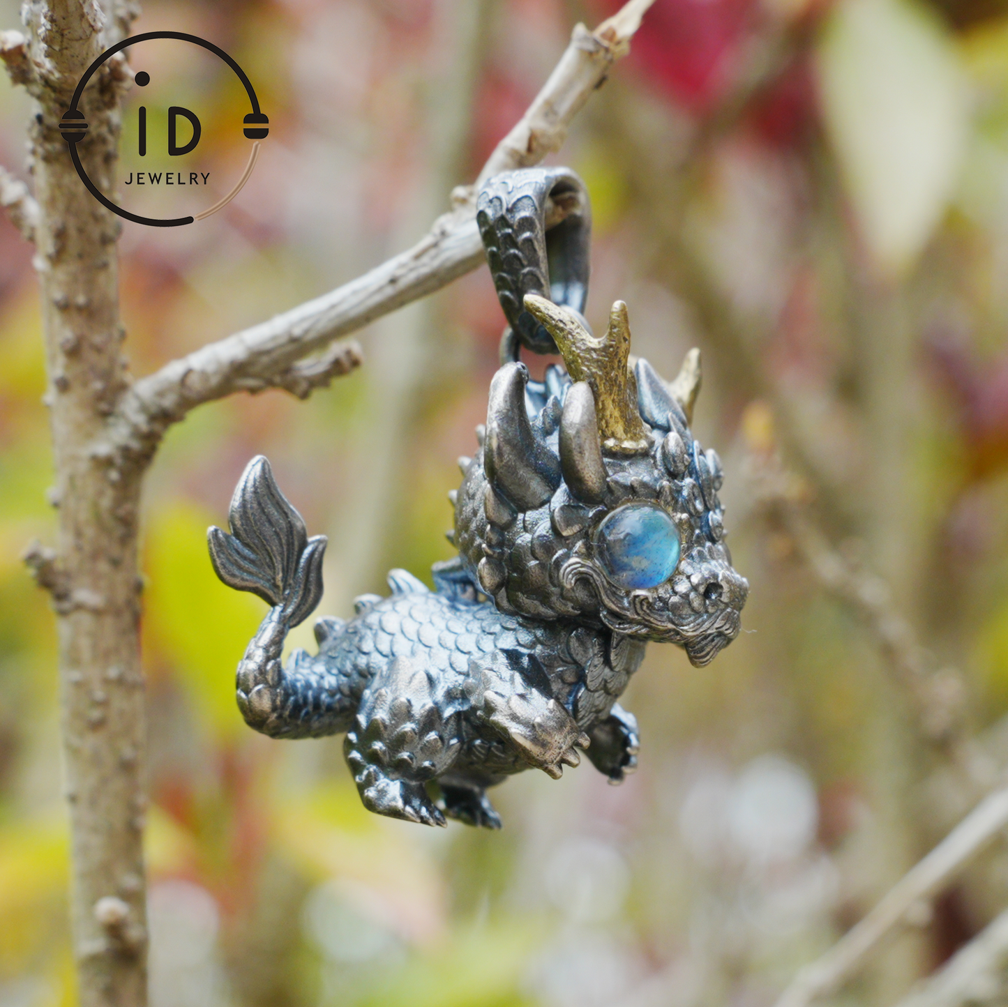 Handmade Fantasy Jewelry | Dragon Totem Necklace | Silver–Copper Bicolor Horn Crown | Labradorite Blue Eye | Handmade Gift