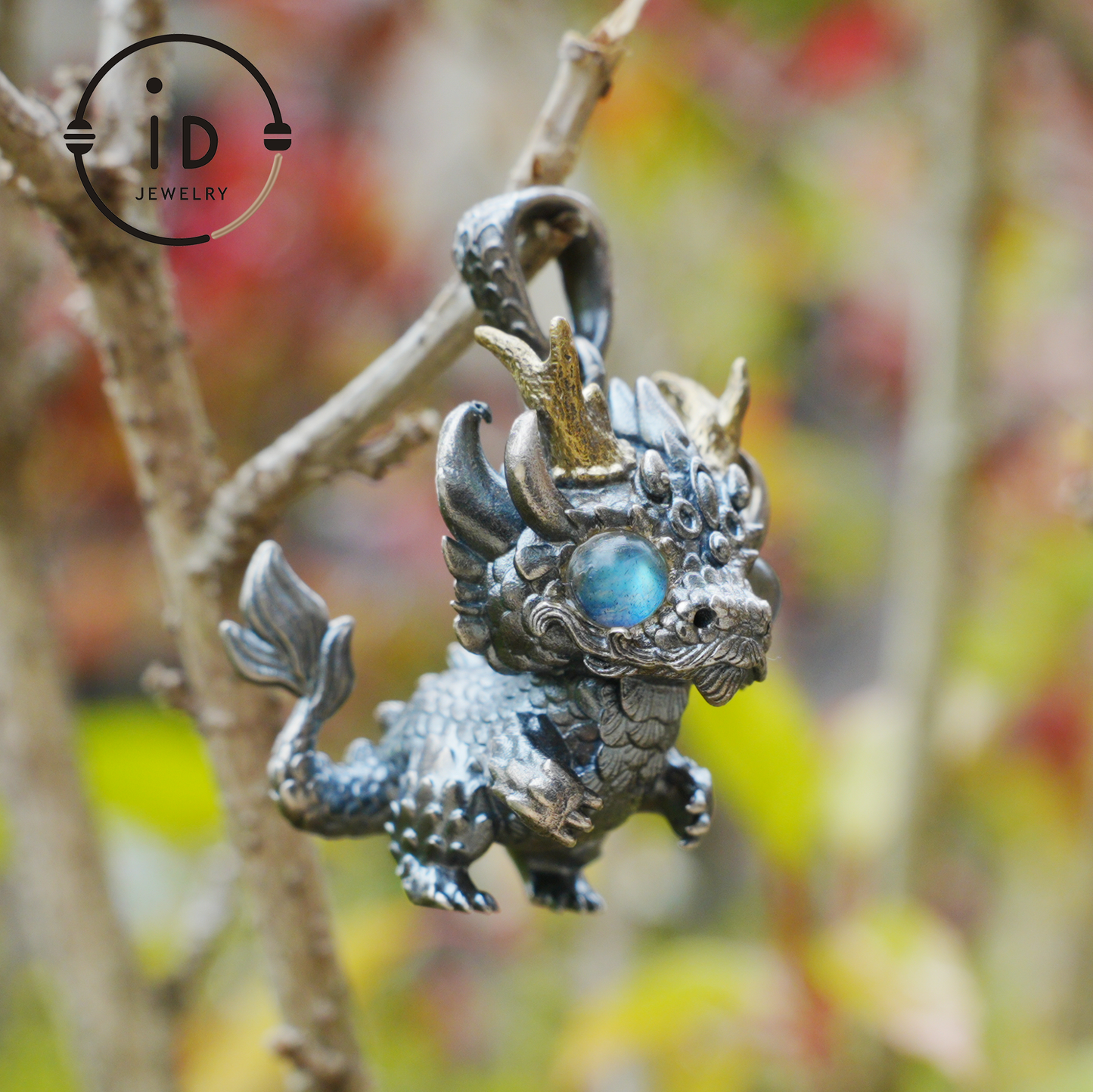 Handmade Fantasy Jewelry | Dragon Totem Necklace | Silver–Copper Bicolor Horn Crown | Labradorite Blue Eye | Handmade Gift